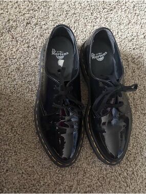 Dr. Martens Black Patent Leather Lace-Up Oxfords with Yellow Stitching